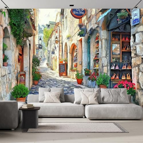 Fototapete Schlafzimmer Deko Stadt Gasse Fototapeten, Straße 3D Effekt Tapeten Mustertapete Wandtapete, 350×256cm Modern Design Kinderzimmer Dekoration