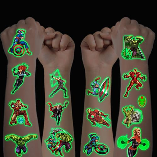Tattoo Kinder, 12 Blätter Leuchtendes Marvel Avengers Temporäre Tattoo Set für Jungen Mädchen Kindertattoos Wasserdicht für Geburtstagsgeschenke Kindergeburtstag Mitgebsel Festival Party Deko