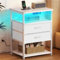 Coleshome Mesillas de Noche Dormitorio, con 2 Puertos USB, 1 Enchufes y Tira de Luces LED, Mesita de Noche con 2 Cajones de Tela y 2 Espacios de Almacenamiento, para Dormitorios Pequeños, Blanca