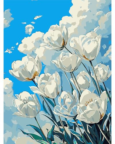 QENSPE Peinture par numéros pour adultes, tulipe DIY peinture à l'huile par numéros sur toile artisanat Fleur avec pinceaux peintures acryliques pour enfants, décoration d'intérieur 30x40cm