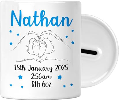 Personalised Money Box with Birth Details For Baby Boy or Girl - New Baby Gift, Newborn Present, Piggy Bank, Ceramic Savings Jar, Decor Coin Box Money Bank - Keepsake (Blue)