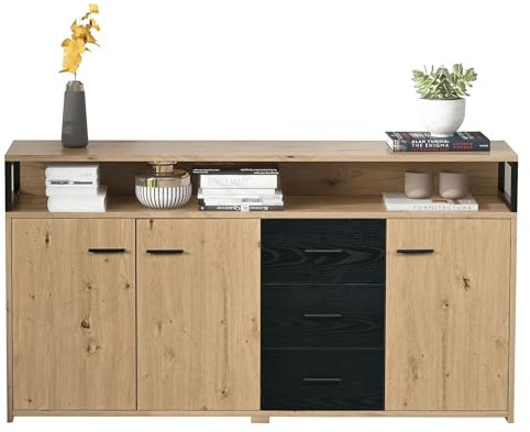 Buffet avec 3 tiroirs et portes, 150 cm, en grain de bois, buffet, meuble TV, meuble de cuisine, pour salon et salle à manger