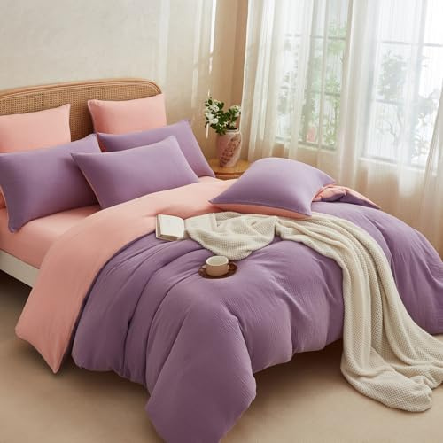 Boqingzhu Muslin Bettwäsche 155×220 cm Baumwolle Lila Rosa Sommerbettwäsche Leicht Kühlend Atmungsaktiv Wende Bettbezug Doppelbett und Kissenbezug mit Reißverschluss