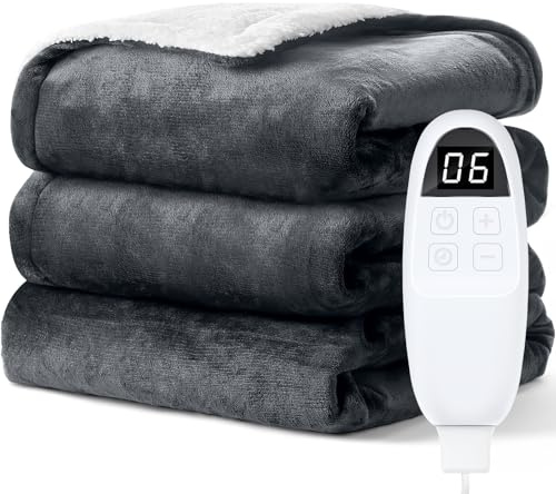 PRANITE Heizdecke 200x180cm, Wärmedecke Elektrische mit Abschaltautomatik, 6 Heizstufen, 1-10h Timer, Überhitzungsschutz, Waschbar, Sherpa & Flanell Grau für Bett & Sofa