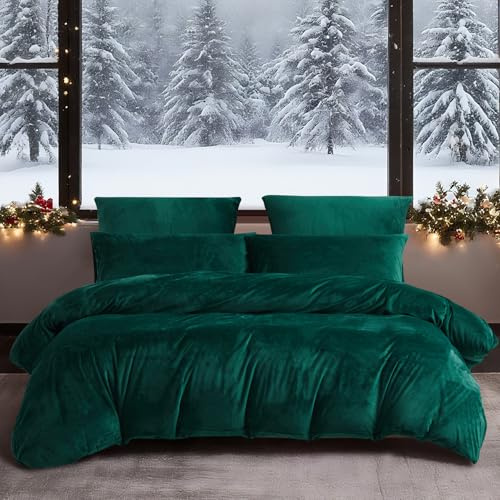 YASMENG Winter Bettwäsche 200x200 Dunkelgrün Warm Kuschelig Flauschige Bettwäsche Winter Weich Warme Samt Plüsch Fleece Flanell Bettbezug Set 3 Teilig mit Reißverschluss und 2 Kissenbezüge 80x80 cm