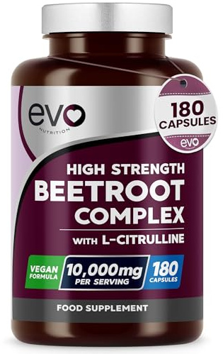 EVO Nutrition Beetroot & L-Citrulline 10,000mg, 180 Vegan Capsules | High strength nitric oxide booster to support circulation, energy & wellness, non-GMO, 3 months, UK made.
