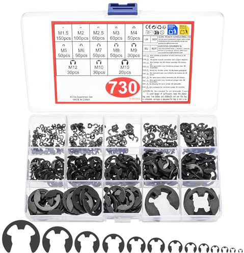 730 Pz Circlips E-clips Esterna Anello Sicurezza, Set di Anelli Elastici di Sicurezza, E-clip Anello Seeger di Sicurezza,C-Clips Anelli d Sicurezza di Fissaggio(Nero)