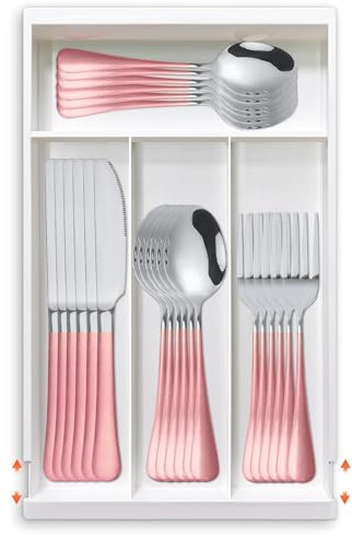24-Piece Flatware Set with Organizer,Heavy Duty Stainless Steel Silverware for 6,Pink Cutlery Utensil Sets with Antiskid Handle，Rust-Proof Stainless Steel Cutlery, Mirror Polished (Pink Silver)