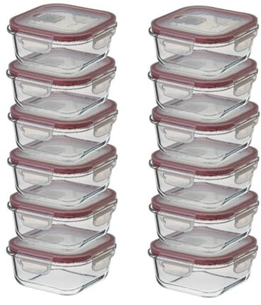 Set 12 tapers rectangulares de cristal borosilicato de 1100 ml | Con válvula de ventilación y libres de BPA. Herméticos y súper resistentes al horno, microondas o congelación.