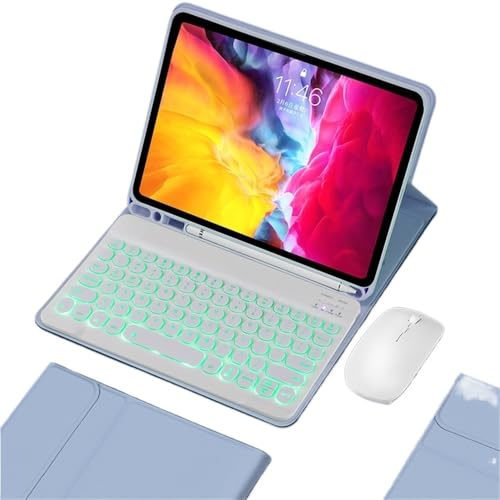 kuaijiexiaopu Tablet Protective Case with Pen Slot, Round Key Cap Keyboard Mouse Suitable for iPad Pro 11 Inch 2024(Purple+Backlit Keyboard+Mouse)