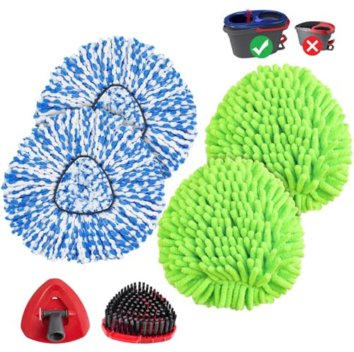 Mop Heads Replacements for Ocedar Easywring RinseClean 2 Tank Spin Mop Replace Heads for O Cedar 2 Tank Spin Mopping Sets Including 4 Pack Refills, 1 Pack Scrub Brush and 1 Base for All Floors Clean