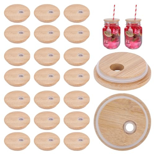 INTERWARM 60 Stück 70mm Bambusdeckel Mit Strohhalmloch Für Gläser Aufbewahrungsdeckel Aus Bambus Für Einmachgläser Mit Silikonring Glasdeckel Für Trinkgläser Mit Normaler Öffnung