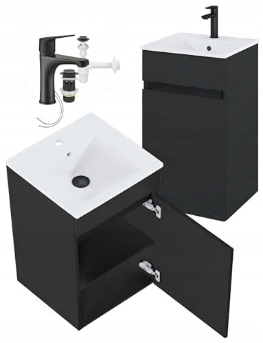 DomoDomo – Badezimmerschrank hängend mit Waschbecken 45 cm – Badschrank schmal modern mit Stauraum – Badezimmer Hängeschrank klein mit Tür – Badezimmerregal hängend schwarz mit Batterie und Siphon