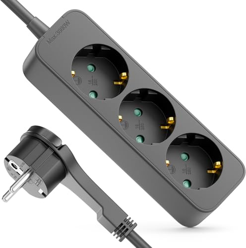 deleyCON 3-Fach Steckdosenleiste Flachstecker 3,0m 3680W 16A - Schwarz | Ideal hinter Möbeln, Mehrfachsteckdose Stromkabel Verteiler Verlängerung Stromleiste