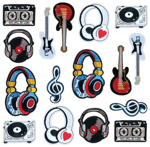 Exylosluxek Iron On Embroidery Patches, 16 Pack Music Theme Embroidery Iron On Patches