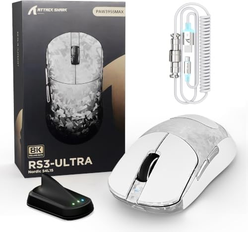 ATTACK SHARK RS3 Ultra Carbonfaser Kabellose Gaming Maus mit C06Ultra Kabel | Dual 8000Hz Abtastrate, PAW3955MAX Sensor, Nordic 54L15 MCU, Bis zu 52000 DPI, 20000 FPS, Ultraleicht 63g,Tri-Mode,Silber B