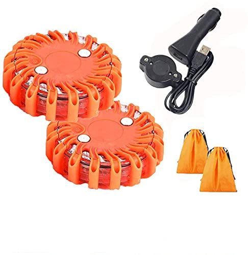 Mioke 2pcs Gyrophare LED magnetique Balise de Signalisation Lumière d'urgence d'avertissement 12v 24v Clignotant Rechargeable KIT (orange)