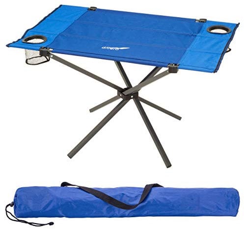 Divero Campingtisch Falt-Tisch faltbar mit Getränkehalter und Transport-Tasche – Polyester Aluminium – Farbe: Rahmen hellgrau - Bespannung blau