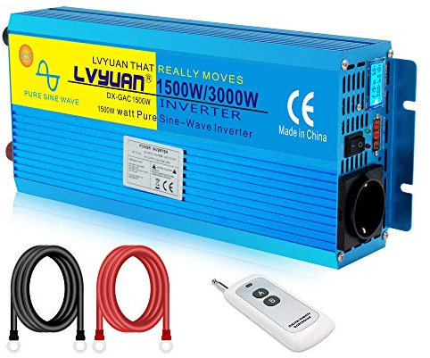 Cantonape Inversor de Corriente Onda Pura 1500W 3000W CC 12V a CA 230V con Control Remoto inalámbrico Y Toma de CA para RV Truck Car…