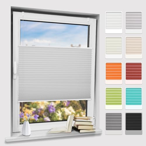 Plisseerollo klemmfix ohne Bohren, Hellgrau 85x120cm(BxH) Springrollo mit Klemmträger, Blendschutz Klemmrollos für Fenster & Balkontür