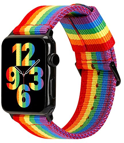 ESTUYOYA Bracelet Pride compatible avec Apple Watch 49mm 46mm 45mm 44mm 42mm 41mm 40mm 38mm, Bande en Nylon Couleurs LGTBI Rainbow pour iWatch Series 10 9 8 7 6 5 4 3 2 1 SE Ultra 2