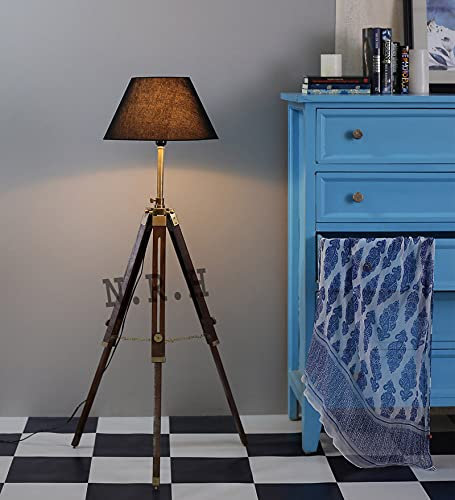 Lampadaire trépied en bois et laiton antique - 114 cm (sans abat-jour) - Décoration de salon