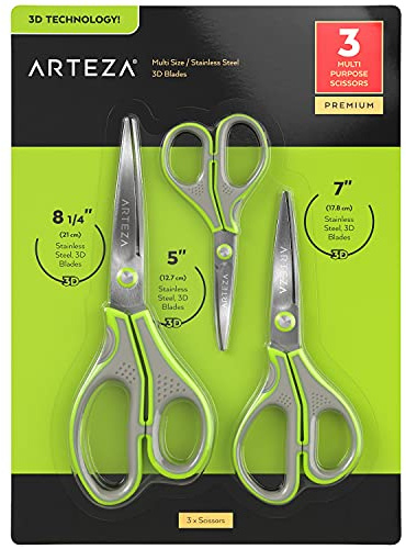 Arteza Haushaltsschere, Allzweckschere 3er-Set – 12,7 cm, 17,8 cm und 21 cm, Küchenschere mit 3D-Klingen, Bastelschere Schule