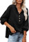 PLOKNRD Kapuzenpullover Damen Langarm Knöpfen Pullover mit Kordelzug Freizeit V-Ausschnitt Hooded Henley Sweatshirt Klassisch(Schwarz, XL)