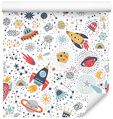 Muralo Tapete 10m Rolle Vlies Tapete Sterne Monde Planeten Raumschiffe Raketen Kosmos Vliestapete 1000 x 53cm Wand Tapete Wohnzimmer Kinderzimmer Moderne Wanddeko Wand Dekoration