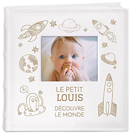 Maverton Album Photo à Personnaliser - Avec Poche Ouvrable sur la Couverture - Livre Photo avec Pochette livre - Cadeau anniversaire pour Enfants - Album photo bebe 1 an - Cadeau Noel - cosmos