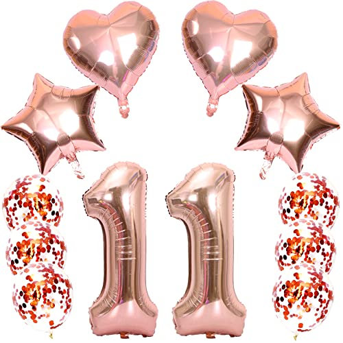 Feelairy Luftballons Zahl 11 Rosegold Folienballon Nummer 11, Helium Ballons Herz Sterne Roségold, Ballons Konfetti Rosegold, Zahlenballon 11 für Geburtstag Mädchen Party Deko