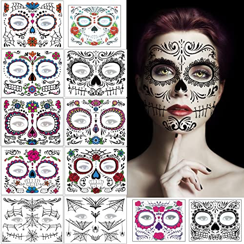 12 Blätter Halloween Gesicht Tattoos Tag der Toten Totenkopf Skelett Spinnennetz Rote Rosen Temporäre Tattoo Aufkleber für Männer Damen Halloween Dia De Los Gruselparty Mottoparty Maskerade