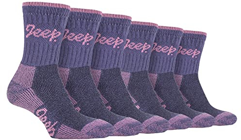 Jeep - 6 Pair Multipack Ladies Cotton Breathable Padded Hiking Socks | Womens Cushioned Anti Blister Crew Trekking Socks (4-8, Purple/Rose)