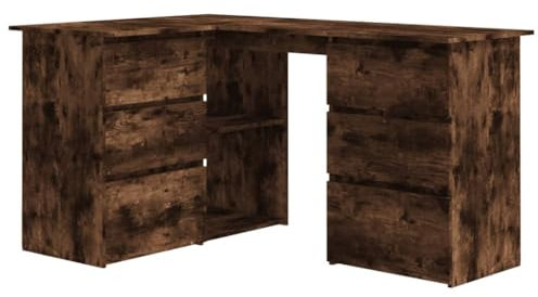 vidaXL Smoked Oak Corner Desk - Rectangular Study Workstation with Drawers & Compartments - Versatile Engineered Wood Desk - Elegant Scandinavian Design for Office or Home