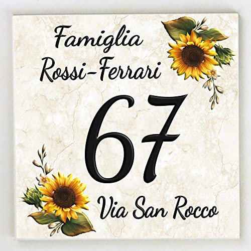 Numero Civico in Ceramica, Targa Decorativa PERSONALIZZABILE,Numero Civico su Mattonella in Ceramica 15x15cm, 20x20cm con Indirizzo e Nome Famiglia Personalizzato,Numeri Civici Moderni.