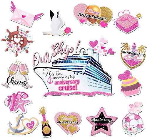 Oudain 15 Pcs Anniversary Cruise Door Decorations Magnets Cruise Door Decor Fridge Magnet Stickers Decals Anniversary Sign for Honeymoon Party Refrigerator Car