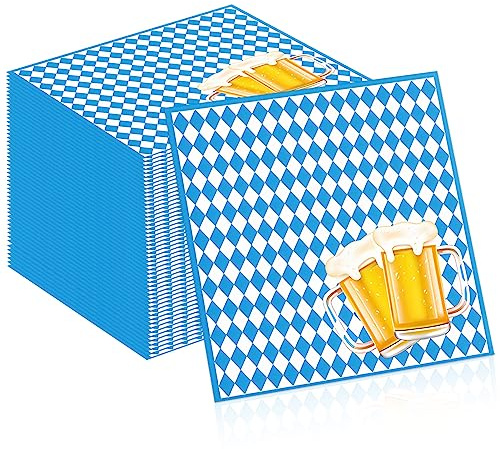 TOPJOWGA 100STK Oktoberfest Servietten Deko, Oktoberfest Party Serviette, Bayern Papierservietten, Bayrisch Motivservietten Blau Weiß Tischdekoration für Party, 33x33cm