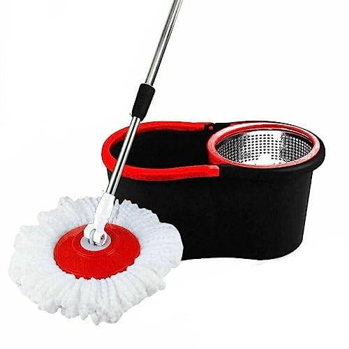 RILOOP 360° FLOOR MAGIC SPIN MOP BUCKET WITH 2 HEADS SET ROTATING DRY MICROFIBER (Black)