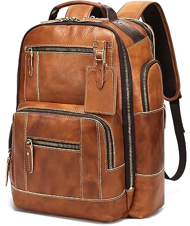 LANNSYNE Sac à dos vintage en cuir véritable pour homme, sac à dos pour ordinateur portable de 15,6, sac à dos de camping et de voyage 24 l, jaune, Fits 15.6“ laptop