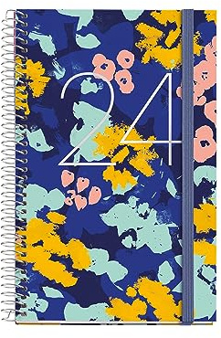 Miquelrius - Jahreskalender 2024, Wochenansicht, aktive Größe 117 x 182 mm, fester Einband, Spiralbindung, Gummiverschluss, Spanisch, Englisch und Portugiesisch, Blumen mit silbernem Stempel