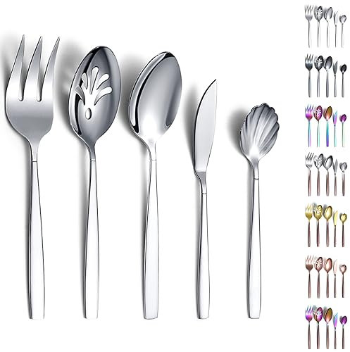 Evanda Juego de Cubiertos de 5 Piezas, Juego de Cubiertos de Acero Inoxidable, Cuchara para Servir, Cuchara ranurada, Tenedor para Servir, Cuchara de azúcar, esparcidor de Mantequilla