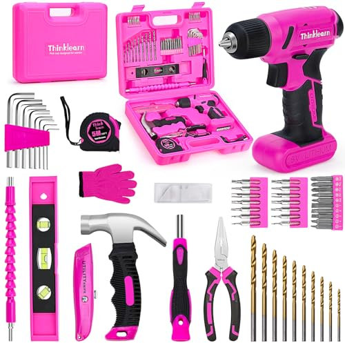 Juego de 64 herramientas rosas con taladro inalámbrico, taladro eléctrico de 8 V y kit de herramientas rosa para mujeres, kit de destornillador eléctrico sin llave de 3/8 pulgadas para bricolaje y