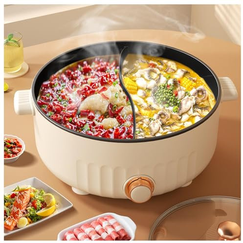 ARTSIM Pentola Divisa in Due Scomparti, 6 Litri, 1350 Watt, 30 Cm di Diametro Hot Pot Elettrico Perfetto per Piccole Riunioni (con 2 Reti a Tenuta Stagna),White