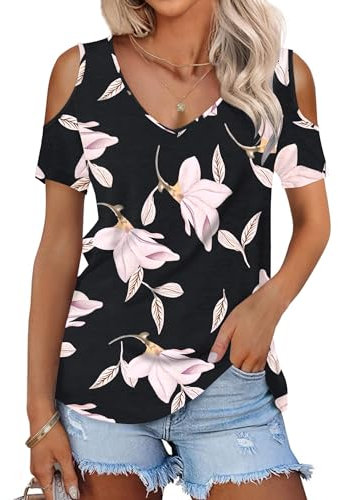 WNEEDU Magliette Donna Estive Manica Corta T Shirt con Scollo a V Senza Spalline Top Maglia Elegante Gloria mattutina 2XL