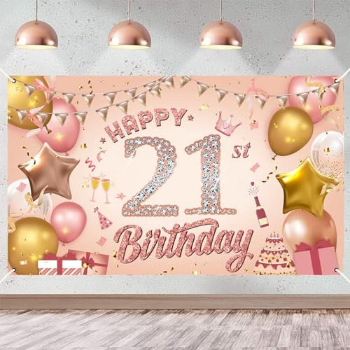 Happy 21st Birthday Banner Rose Gold Birthday Party Decoration Backdrop, Poster Fabric Banner Photography Background for Girls Women, 110 x 180 cm(21st)