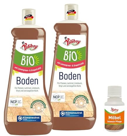 POLIBOY BIO Boden Reiniger - Universalreiniger für Bodenbeläge - Streifenfrei mit Frischeduft - 2x 1000 ml - Mit Produktprobe - Made in Germany