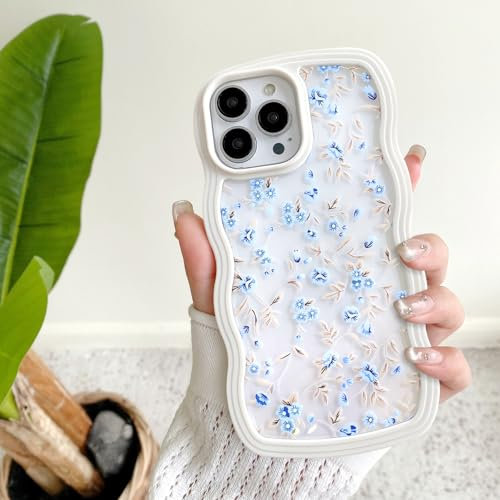 UEEBAI Case for iPhone 15 Pro Max 6.7 inch, Cute Flower Clear Wave Frame Slim Fit Shockproof Phone Bumper Cover Translucent Soft Pretty Curvy Non-yellowing Silicone TPU Case for Women Girls - Blue