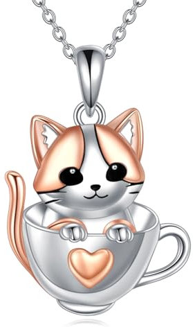 KQF Cat Necklace for Women Sterling Silver Cat Jewellery Animal Cup Necklace Gifts for Women Teens