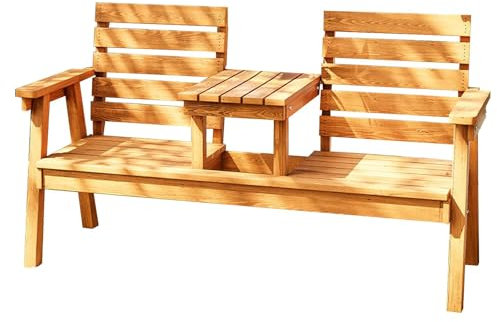 LMXRYPD Double Outdoor Bench with End Table, Solid Wood Garden Bench with Backrest and Armrests, Can Drill Umbrella Hole, for Patio(Yellow)