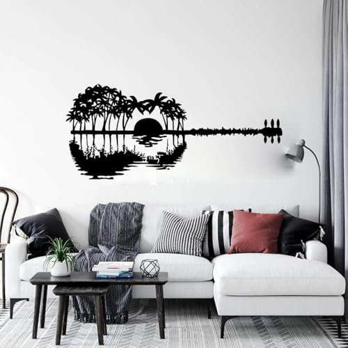 YLLMNOBN Wasserspiegelung Sonnenaufgang Natur Landschaft Gitarre Palme Insel Baum Sonnenuntergang Wandtattoo Baby Kinderzimmer Kinderzimmer Wandkunst Aufkleber